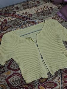 Yellow Cropped Zip-Up Top