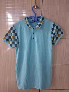 Men's Blue Polo Shirt with Checkerboard Sleeves