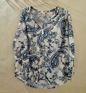 Blue Paisley Print Long Sleeve Top