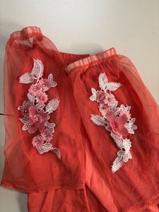 Coral Off-Shoulder Mesh Sleeve Top