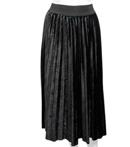 Elegant Black Velvet Pleated Midi Skirt
