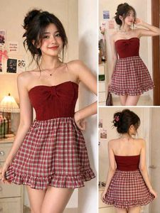 Cute Red Plaid Strapless Dress