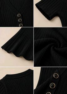 BLACK RIBBED V-NECK BUTTON FLARE DRESS