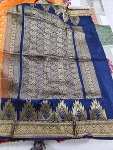 Orange and navy blue Silk Saree with Golden Border