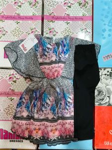 Girls 2 Piece Printed Top & Black Leggings Set | S