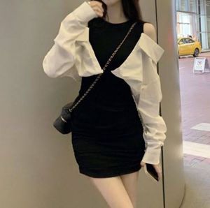 Chic Black Ruched Dress with White Shirt Overlay