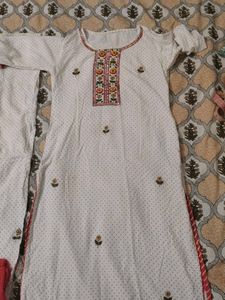White Polka Dot Kurta with Embroidered Neckline