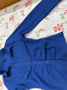 Fitted Blue Ruched Button-Down Top Shirt
