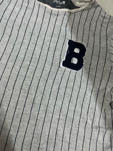 Gray Striped T-Shirt with 'B' Patch