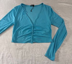 Blue Ruched Long Sleeve Crop Top