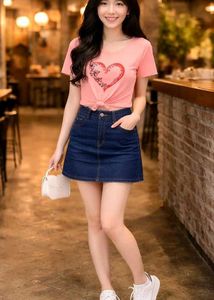 Cute Pink Heart Tie-Front Top and denim skirt set