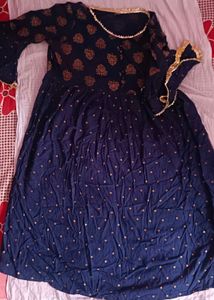 Navy Blue Printed Naira  with Gold Accents