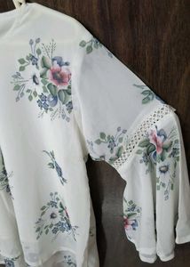 White Floral Print Bell Sleeve Top