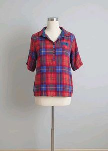 Red Plaid Denim Trim Top