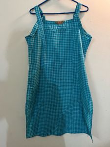 Teal Blue Checked Cotton Kurta