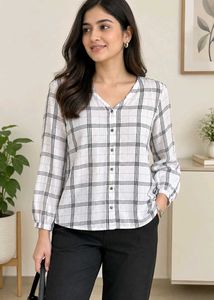 Checked Shirt with puff sleeves, S Size