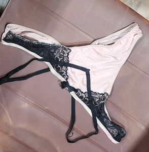 Pink Lace Thong with Black Trim