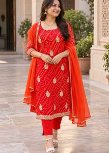 Red Bandhani Pure Georgette Booti Suit Set