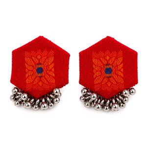 Red Hexagonal Earrings with Silver Beads