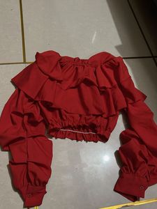 Red Off-Shoulder Ruffle Crop Top