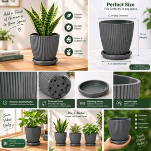 🌿 Stylish Ribbed Plant Pot with Saucer(SET OF5)