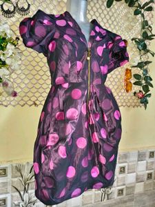 Puff Sleeve Polka Dot Zipper Dress