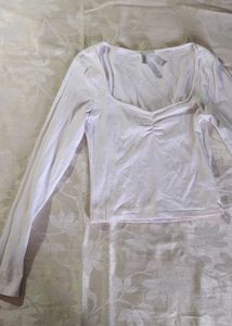 White Long Sleeve Ruched Neck Top