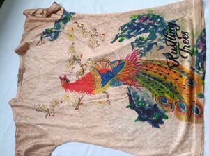 Peacock Print Embellished T-Shirt