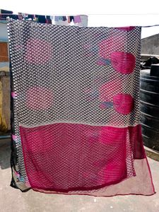 Black &amp; White Printed Saree with Pink Detail