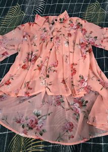 Peach Floral Print High-Low Tunic Top