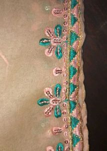 Organza peach colour duppata with  embroidery