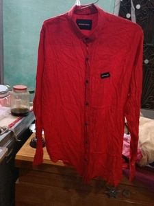 Red Mandarin Collar Shirt
