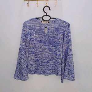 Boho Bell Sleeve Blue &amp; White Top