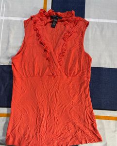 Coral Ruffle Neck Sleeveless Top