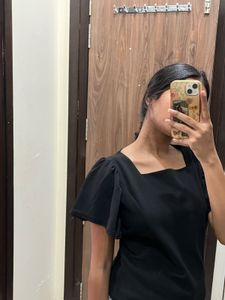 Stylish Black Square Neck frill Sleeve Top