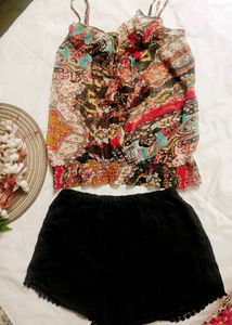 Bohemian Print Crop Top & Black Shorts Set