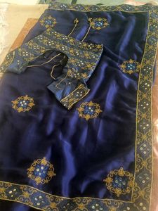 Royal Blue Embroidered Saree with Blouse