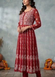 Red Chikankari Anarkali Kurta Set