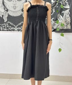 Black Smocked Button-Up Midi Dress