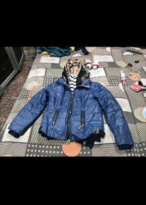 Blue Puffer Jacket with Plaid Lining sweater free