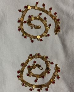 Gold Anklets with Red Beads