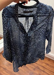 zara basic Sheer Leopard Print ruffle Blouse