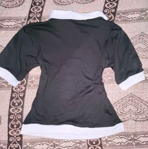 Ribbed Classic Black &amp; White Collared Top
