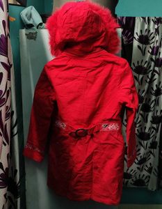 Red Faux Fur Detachable Hooded Jacket