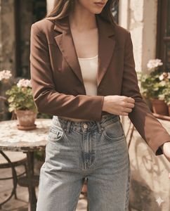 Bershka Brown Cropped Blazer with Back Cutout