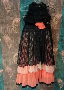 Girls Black & Peach Layered Lace Party Gown