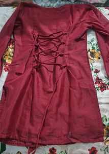 Maroon Kurta Set with Embellished Neckline