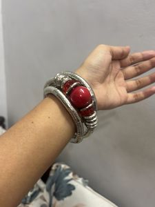 Unique Red Bead Silver Bangle