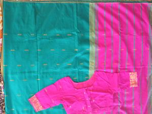 Beautiful Teal and Pink Saree with stiched blouse