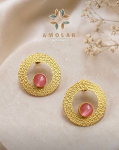 Gold Textured Circular Pink Stone Earrings